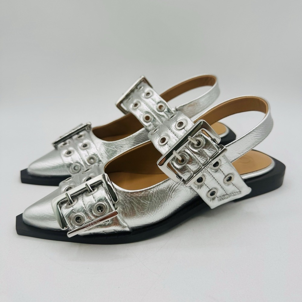 Ganni Double Buckle Flats Women's Size 6 EU 36 Silver‎ Metallic Leather Dustbag
